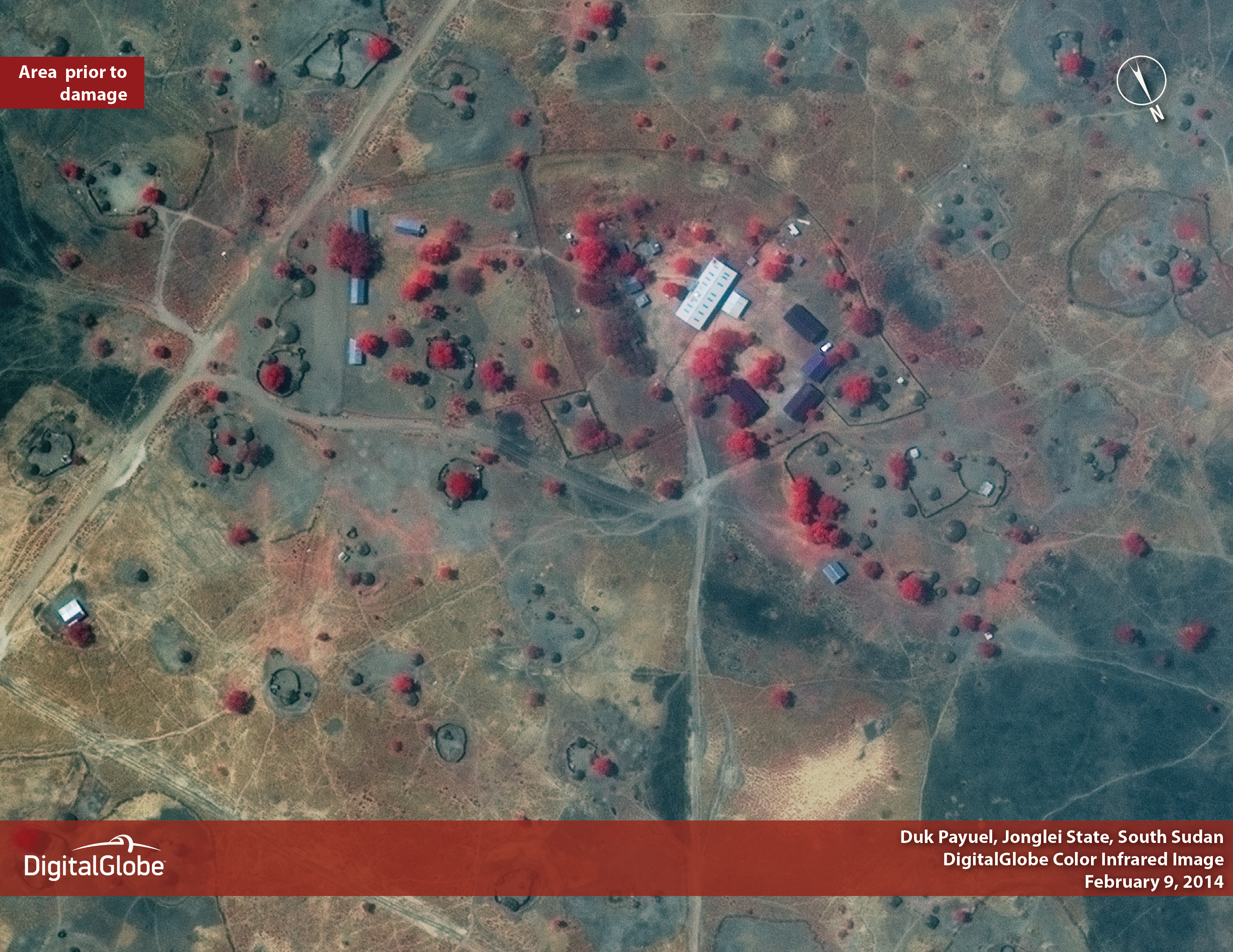 Image 2: Though the total number of damaged or destroyed homes in Duk is unknown, at least 10 huts were burned in the area reviewed by DigitalGlobe analysts, who also identified buildings that had been looted between February 9, 2014 and March 5, 2014.