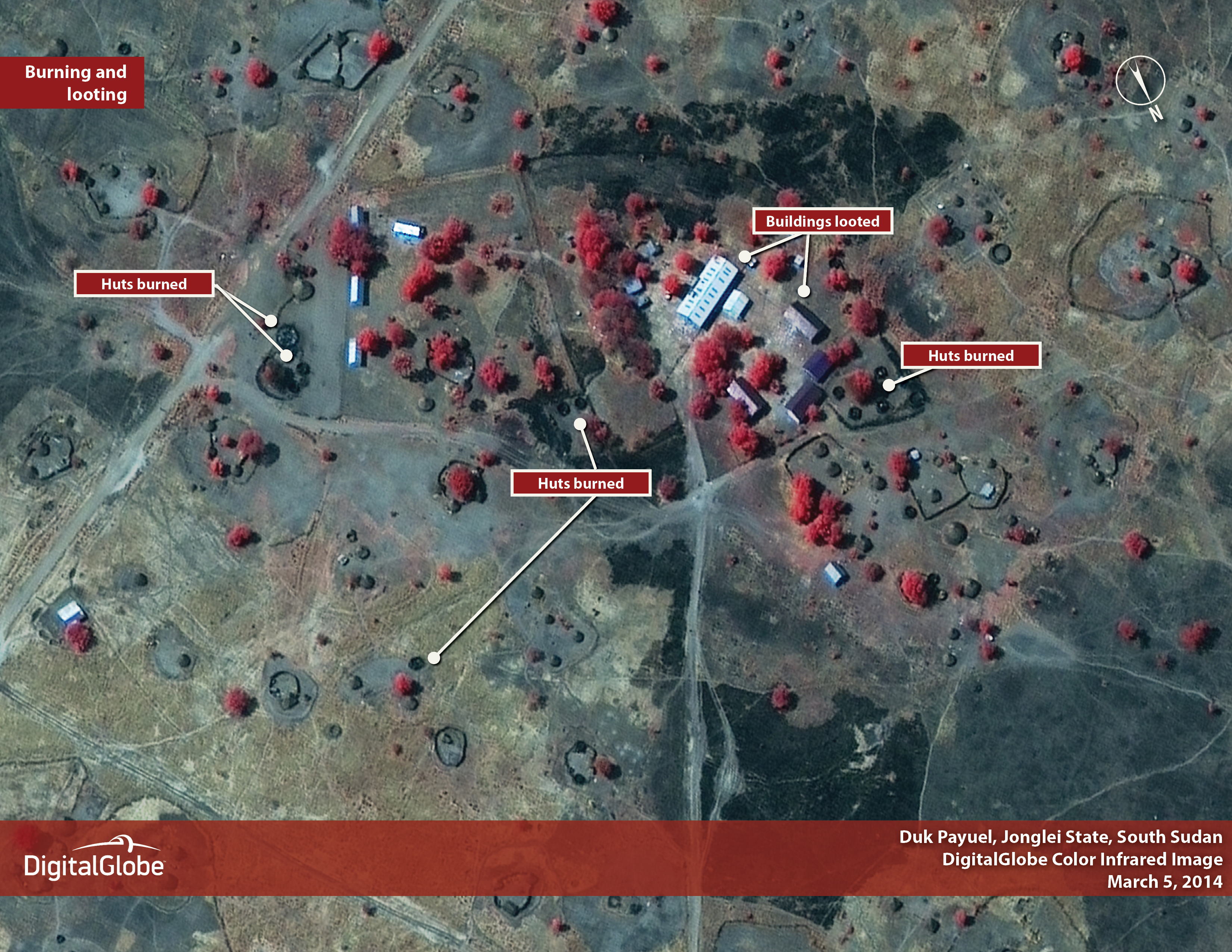 IMAGE 3: Though the total number of damaged or destroyed homes in Duk is unknown, at least 10 huts were burned in the area reviewed by DigitalGlobe analysts, who also identified buildings that had been looted between February 9, 2014 and March 5, 2014.
